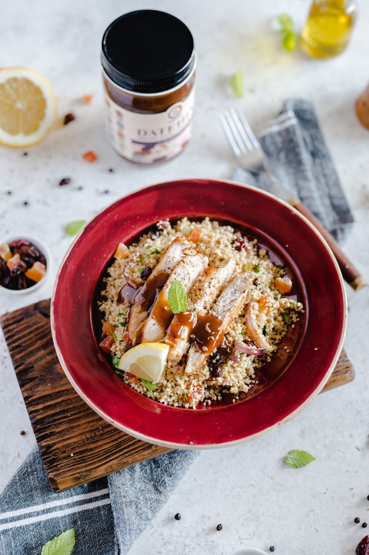 Chicken cous cous with Datehini 