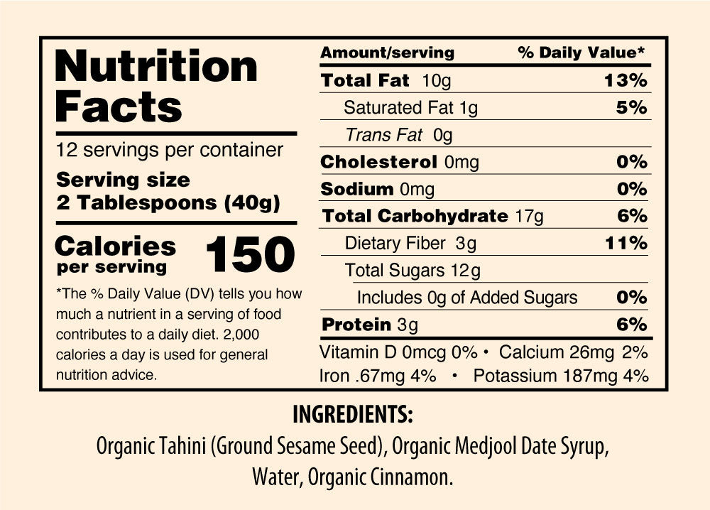 Datehini Cinnamon Nutrition Facts Panel